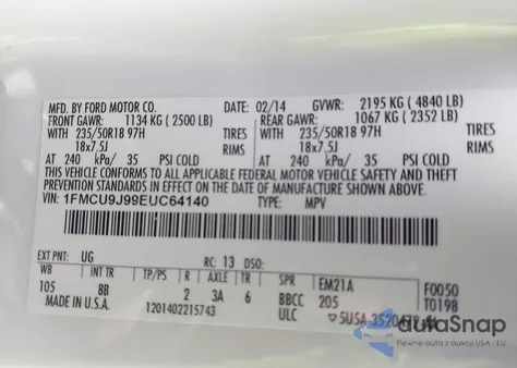 2014 Ford Escape Titanium из США, поврежденный, VIN 1FMCU9J99EUC64140